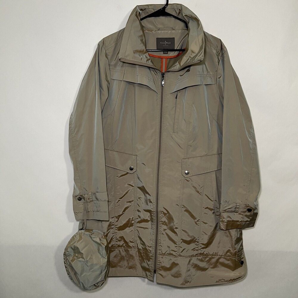Cole Haan Rain Jacket Womens Size XL Tan Iridescent Packable Hooded Trench Coat